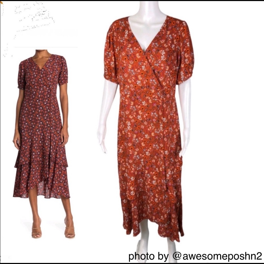Nanette Lepore rust brown floral short puff sleeve wrap maxi dress size 6